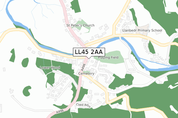 LL45 2AA map - large scale - OS Open Zoomstack (Ordnance Survey)