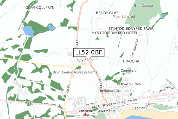 LL52 0BF map - small scale - OS Open Zoomstack (Ordnance Survey)