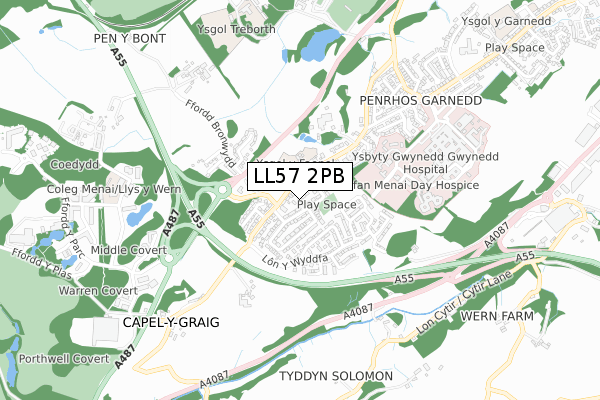 LL57 2PB map - small scale - OS Open Zoomstack (Ordnance Survey)