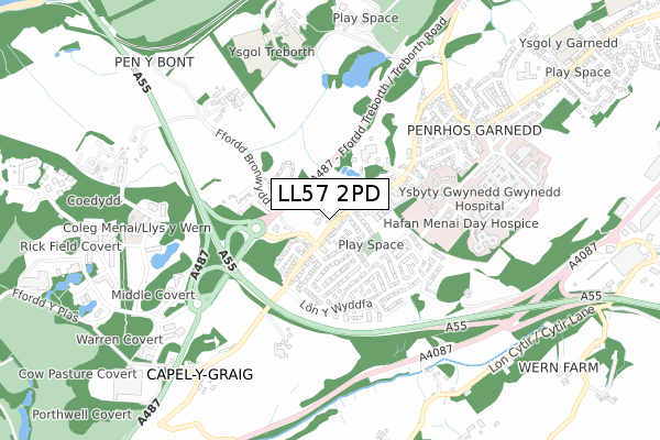 LL57 2PD map - small scale - OS Open Zoomstack (Ordnance Survey)