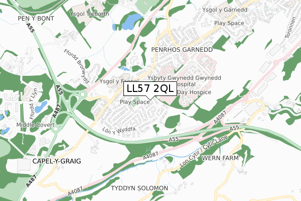 LL57 2QL map - small scale - OS Open Zoomstack (Ordnance Survey)