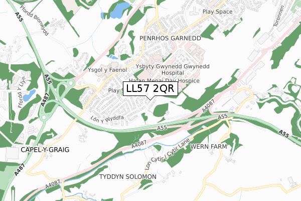 LL57 2QR map - small scale - OS Open Zoomstack (Ordnance Survey)