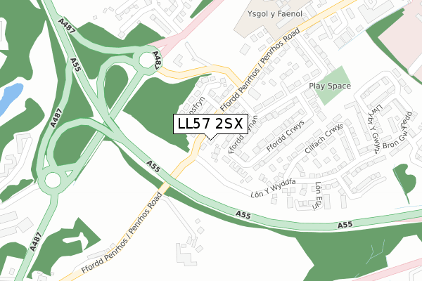 LL57 2SX map - large scale - OS Open Zoomstack (Ordnance Survey)