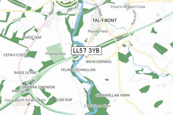 LL57 3YB map - small scale - OS Open Zoomstack (Ordnance Survey)