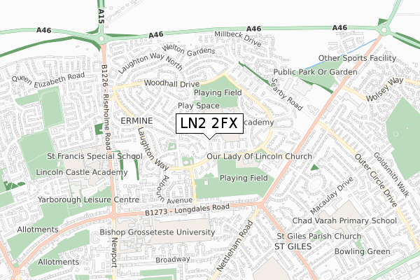 LN2 2FX map - small scale - OS Open Zoomstack (Ordnance Survey)