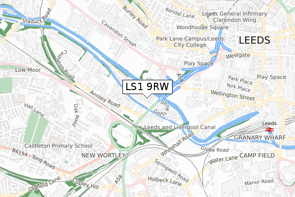 LS1 9RW map - small scale - OS Open Zoomstack (Ordnance Survey)