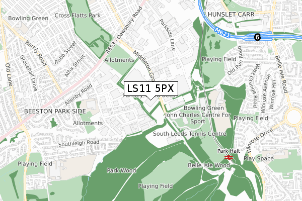 LS11 5PX map - small scale - OS Open Zoomstack (Ordnance Survey)