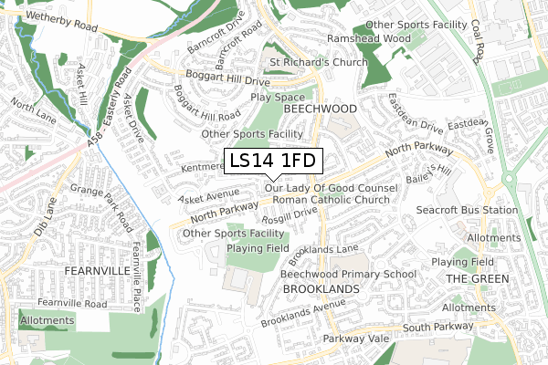 LS14 1FD map - small scale - OS Open Zoomstack (Ordnance Survey)