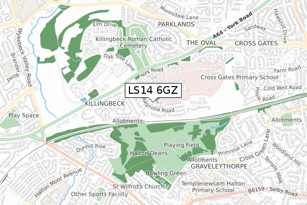 LS14 6GZ map - small scale - OS Open Zoomstack (Ordnance Survey)