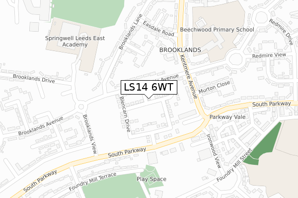 LS14 6WT map - large scale - OS Open Zoomstack (Ordnance Survey)