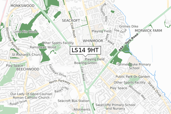 LS14 9HT map - small scale - OS Open Zoomstack (Ordnance Survey)