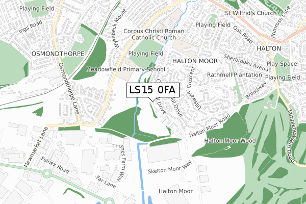 LS15 0FA map - small scale - OS Open Zoomstack (Ordnance Survey)