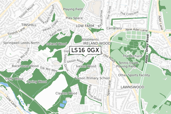 LS16 0GX map - small scale - OS Open Zoomstack (Ordnance Survey)