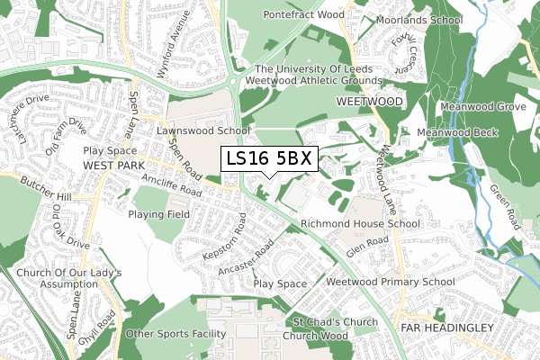 LS16 5BX map - small scale - OS Open Zoomstack (Ordnance Survey)