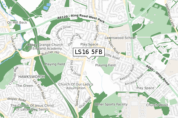LS16 5FB map - small scale - OS Open Zoomstack (Ordnance Survey)