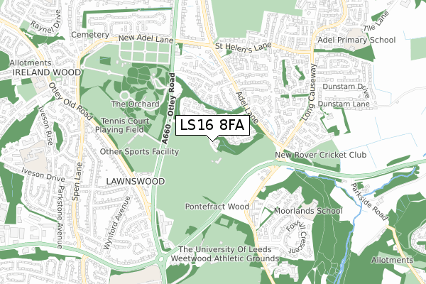 LS16 8FA map - small scale - OS Open Zoomstack (Ordnance Survey)