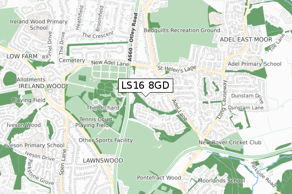 LS16 8GD map - small scale - OS Open Zoomstack (Ordnance Survey)