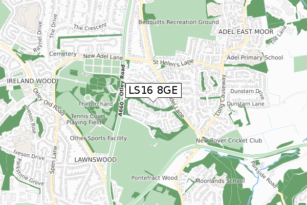 LS16 8GE map - small scale - OS Open Zoomstack (Ordnance Survey)