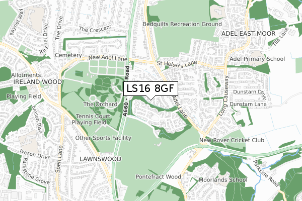 LS16 8GF map - small scale - OS Open Zoomstack (Ordnance Survey)