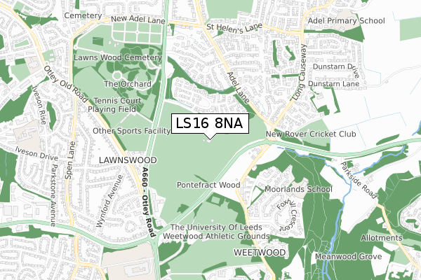 LS16 8NA map - small scale - OS Open Zoomstack (Ordnance Survey)