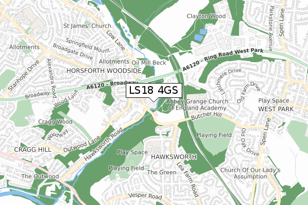 LS18 4GS map - small scale - OS Open Zoomstack (Ordnance Survey)