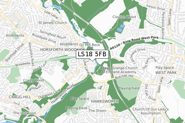 LS18 5FB map - small scale - OS Open Zoomstack (Ordnance Survey)