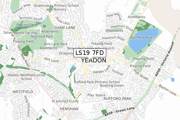 LS19 7FD map - small scale - OS Open Zoomstack (Ordnance Survey)