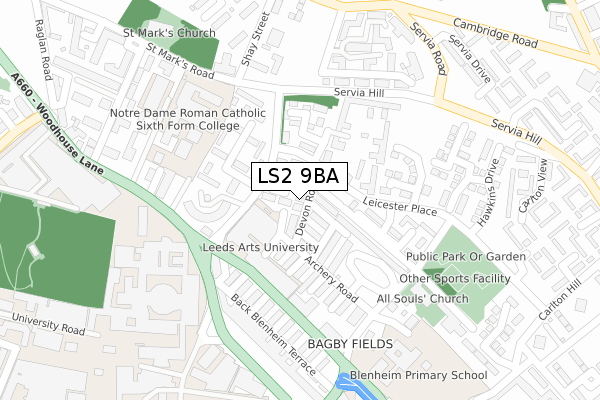 LS2 9BA map - large scale - OS Open Zoomstack (Ordnance Survey)