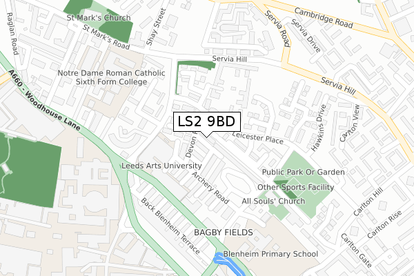LS2 9BD map - large scale - OS Open Zoomstack (Ordnance Survey)