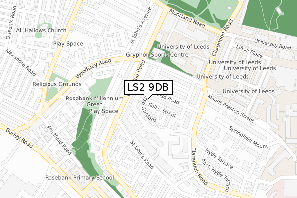 LS2 9DB map - large scale - OS Open Zoomstack (Ordnance Survey)