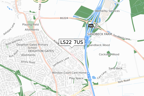 LS22 7US map - small scale - OS Open Zoomstack (Ordnance Survey)