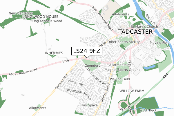 LS24 9FZ map - small scale - OS Open Zoomstack (Ordnance Survey)