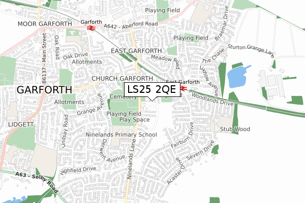 LS25 2QE map - small scale - OS Open Zoomstack (Ordnance Survey)