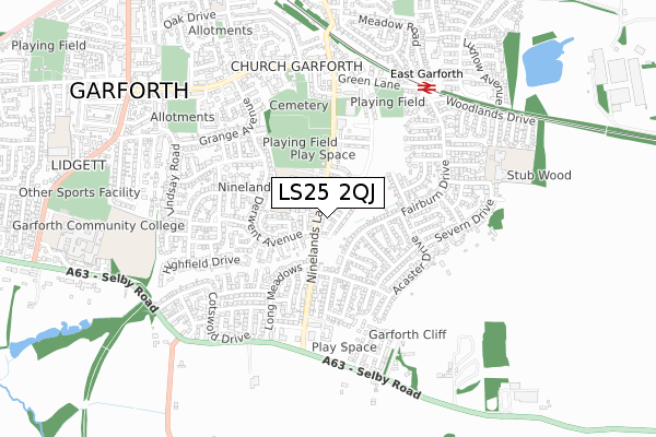 LS25 2QJ map - small scale - OS Open Zoomstack (Ordnance Survey)