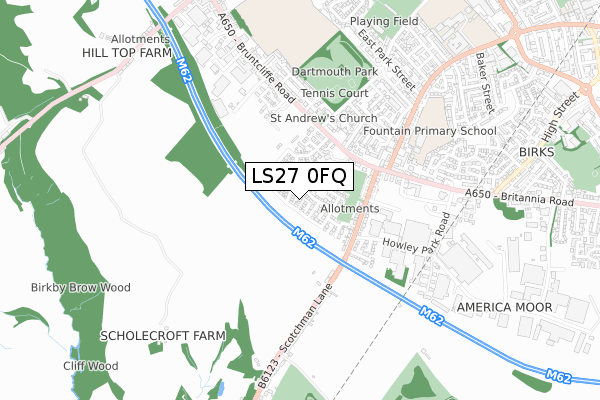 LS27 0FQ map - small scale - OS Open Zoomstack (Ordnance Survey)