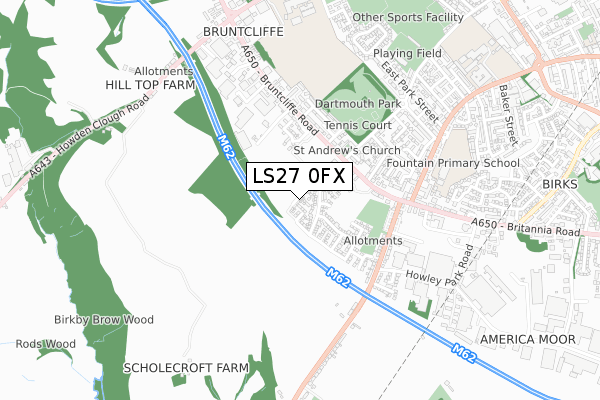 LS27 0FX map - small scale - OS Open Zoomstack (Ordnance Survey)