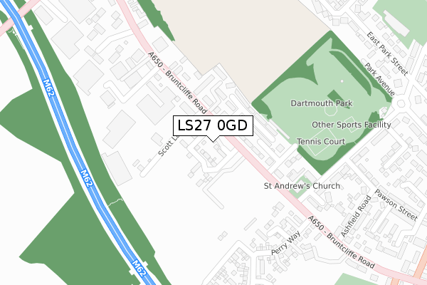 LS27 0GD map - large scale - OS Open Zoomstack (Ordnance Survey)