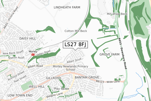 LS27 8FJ map - small scale - OS Open Zoomstack (Ordnance Survey)