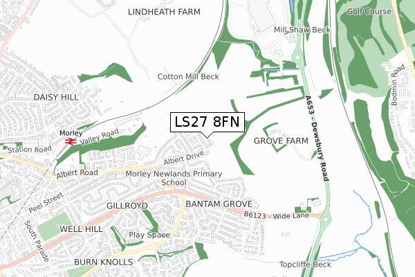 LS27 8FN map - small scale - OS Open Zoomstack (Ordnance Survey)