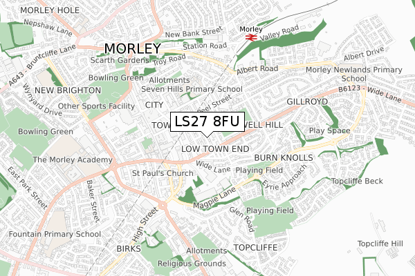 LS27 8FU map - small scale - OS Open Zoomstack (Ordnance Survey)