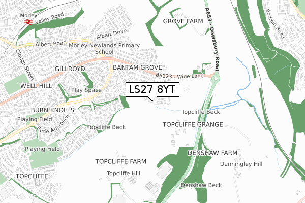 LS27 8YT map - small scale - OS Open Zoomstack (Ordnance Survey)