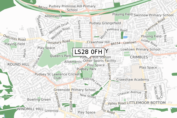 LS28 0FH map - small scale - OS Open Zoomstack (Ordnance Survey)