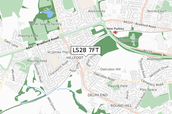 LS28 7FT map - small scale - OS Open Zoomstack (Ordnance Survey)
