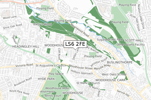 LS6 2FE map - small scale - OS Open Zoomstack (Ordnance Survey)