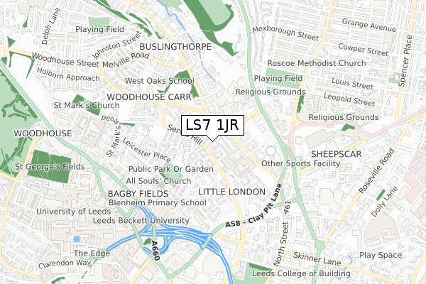LS7 1JR map - small scale - OS Open Zoomstack (Ordnance Survey) LS7 1JR map - small scale - OS Open Zoomstack (Ordnance Survey)