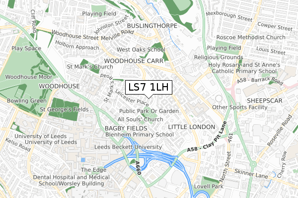 LS7 1LH map - small scale - OS Open Zoomstack (Ordnance Survey)