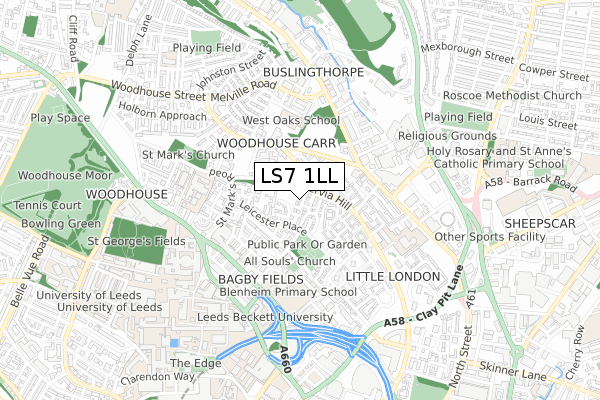 LS7 1LL map - small scale - OS Open Zoomstack (Ordnance Survey)