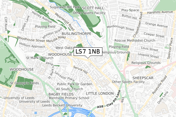 LS7 1NB map - small scale - OS Open Zoomstack (Ordnance Survey)