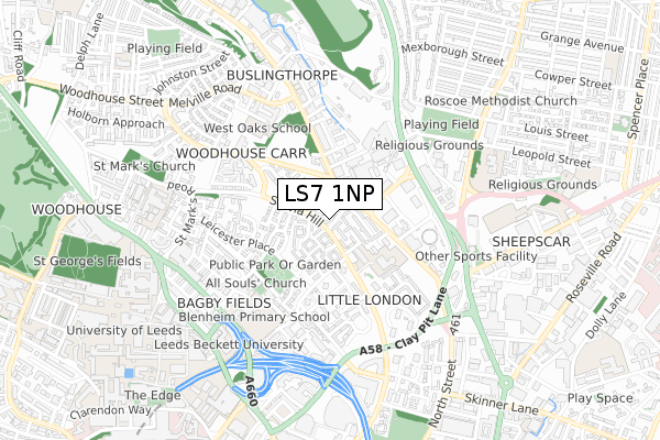 LS7 1NP map - small scale - OS Open Zoomstack (Ordnance Survey)