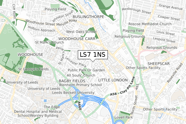 LS7 1NS map - small scale - OS Open Zoomstack (Ordnance Survey)